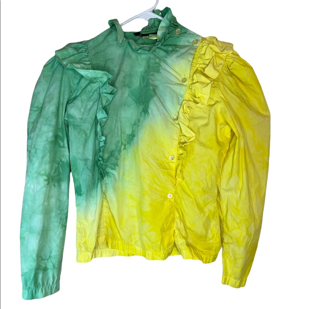 Leon Max Vintage Custom Tie Dye 80s Button Down Ruffle Long Sleeve Blouse Sz 5/6